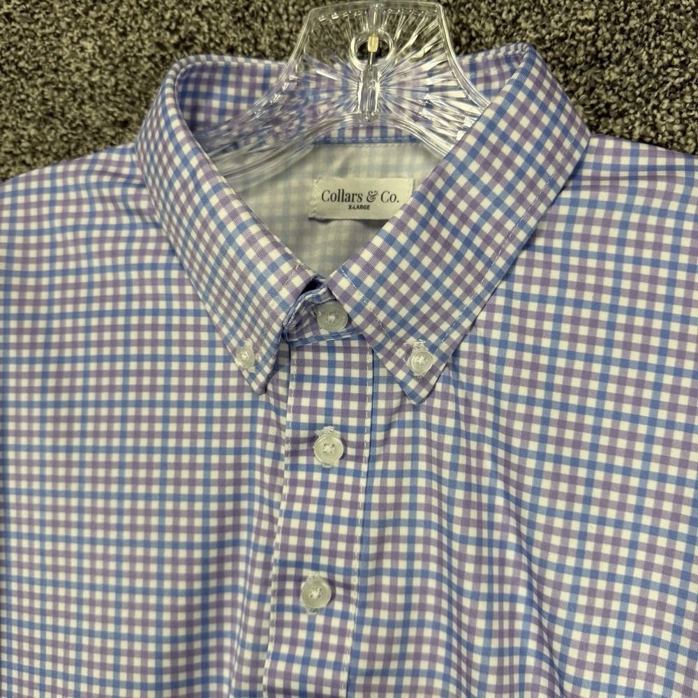 Collars & Co Dress Collar Polo Shirt Mens XL Blue Purple Gingham Check Polyester